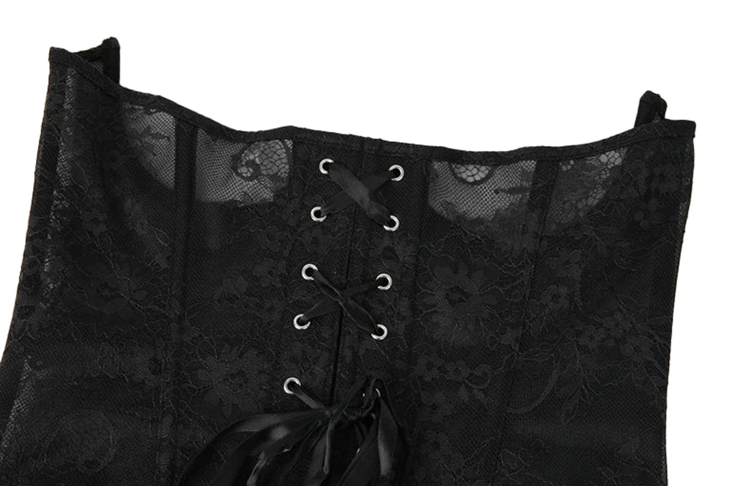 LuckeLadybug LLC Gothic lace corset belt with intricate floral patterns and lace-up front detailing