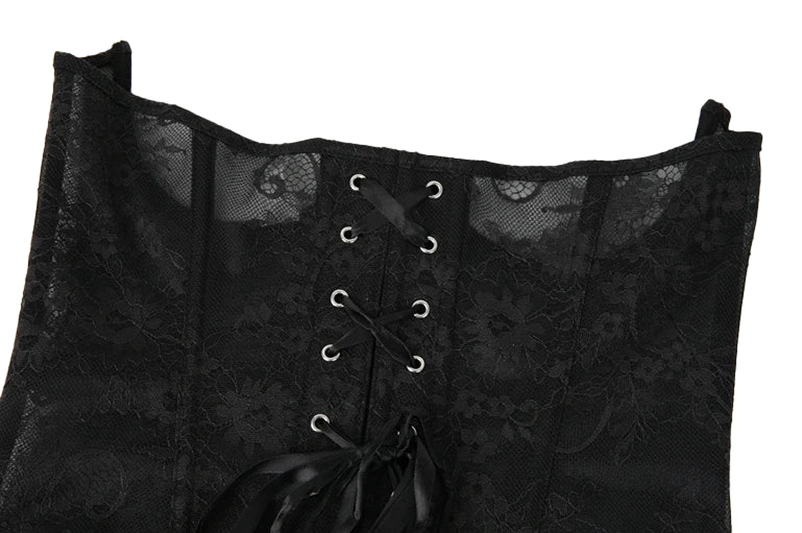 LuckeLadybug LLC Gothic lace corset belt with intricate floral patterns and lace-up front detailing