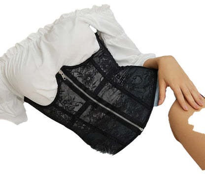 Black Gothic Lace Corset Belt with Zipper Closure for a Stylish and Edgy Look