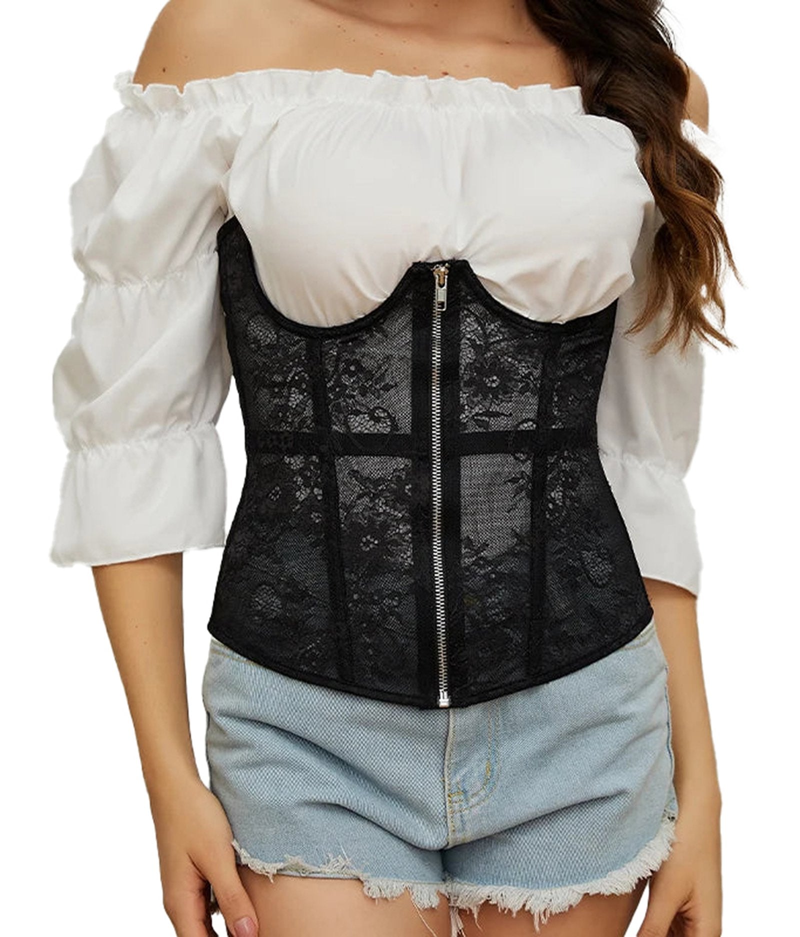 Stylish gothic lace corset belt in black with a zipper front for a fitted look