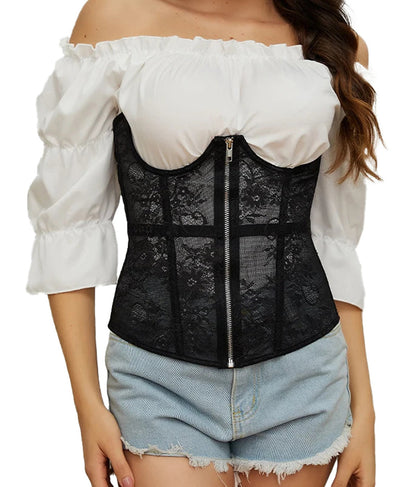 Stylish gothic lace corset belt in black with a zipper front for a fitted look