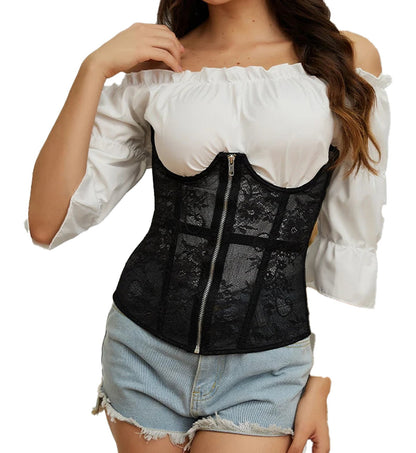 Gothic lace corset belt in black, featuring a zip front and lace overlay for a stylish touch