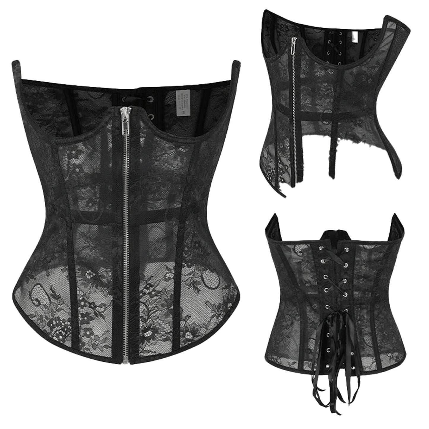 LuckeLadybug LLC Gothic lace corset belt featuring a zipper and lace-up back design for a stylish look
