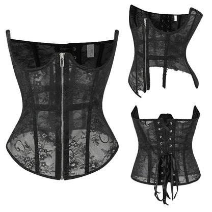 LuckeLadybug LLC Gothic lace corset belt featuring a zipper and lace-up back design for a stylish look