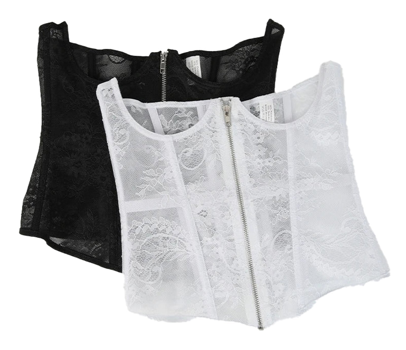 Gothic lace corset belt set in black and white with intricate lace details and zipper closure