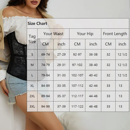 Size chart for gothic lace corset belt including measurements for waist, hip, and front length