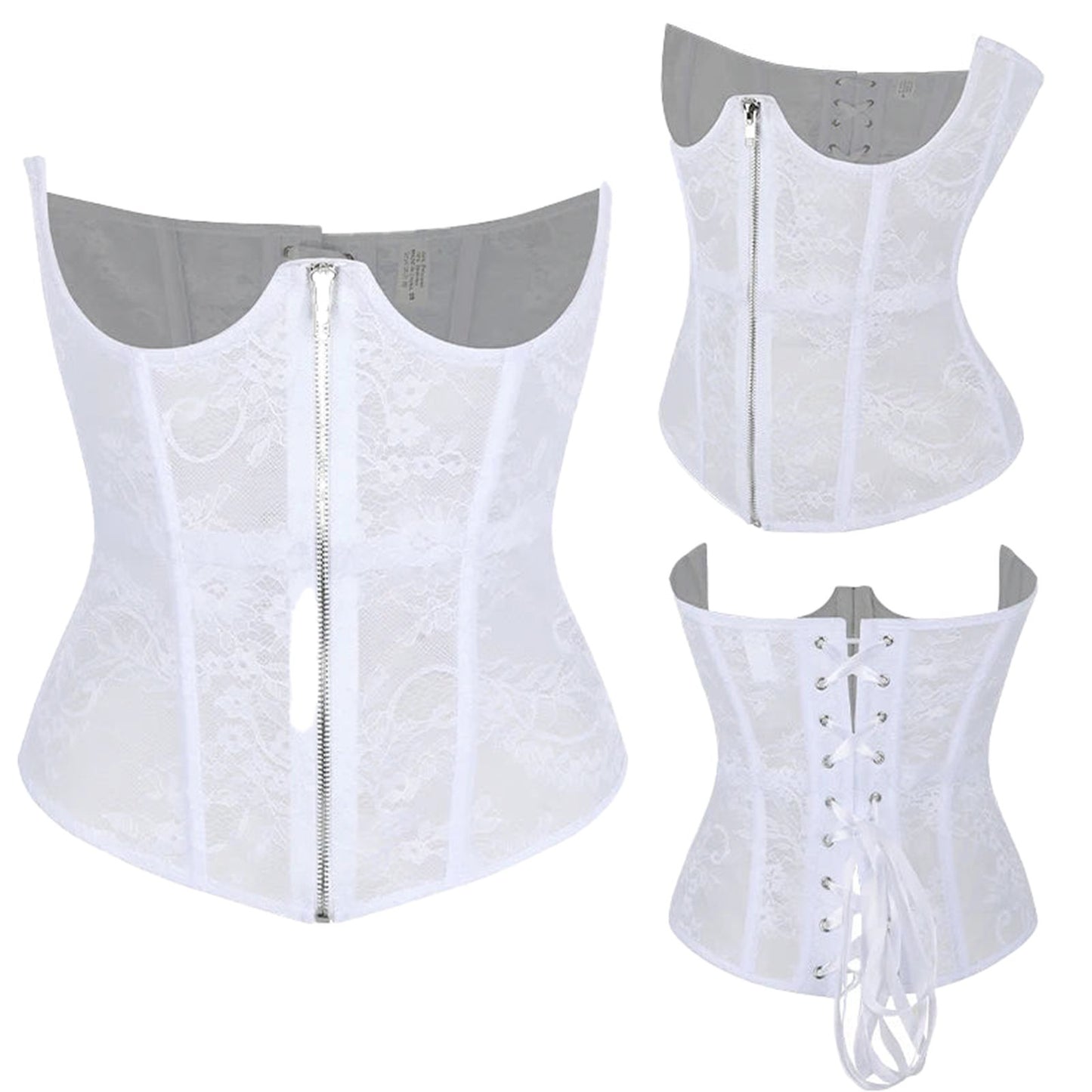 LuckeLadybug LLC Gothic lace corset belt in white featuring a zipper and lace-up back detail