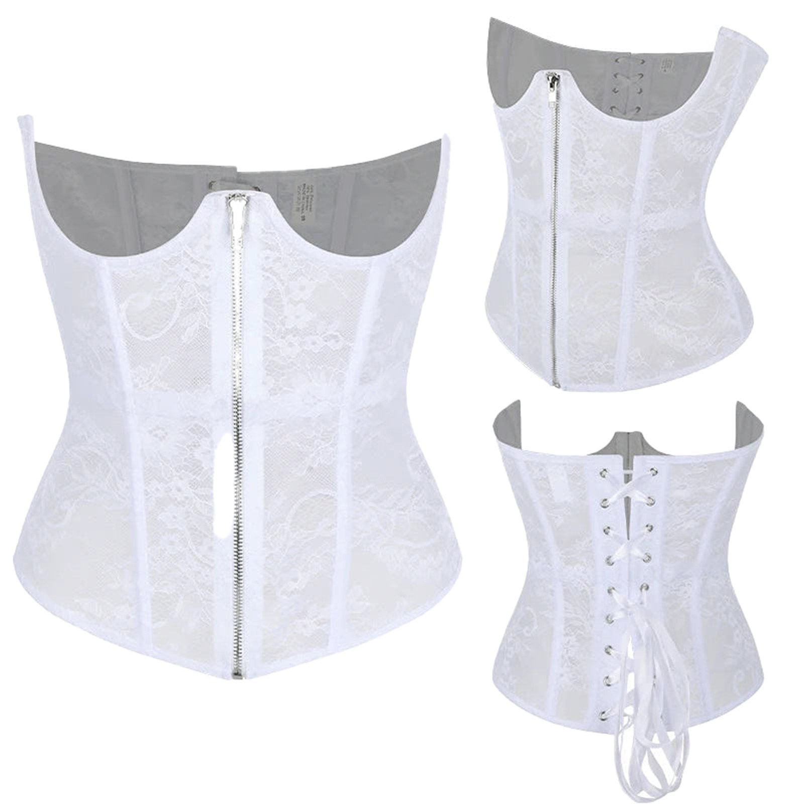 LuckeLadybug LLC Gothic lace corset belt in white featuring a zipper and lace-up back detail