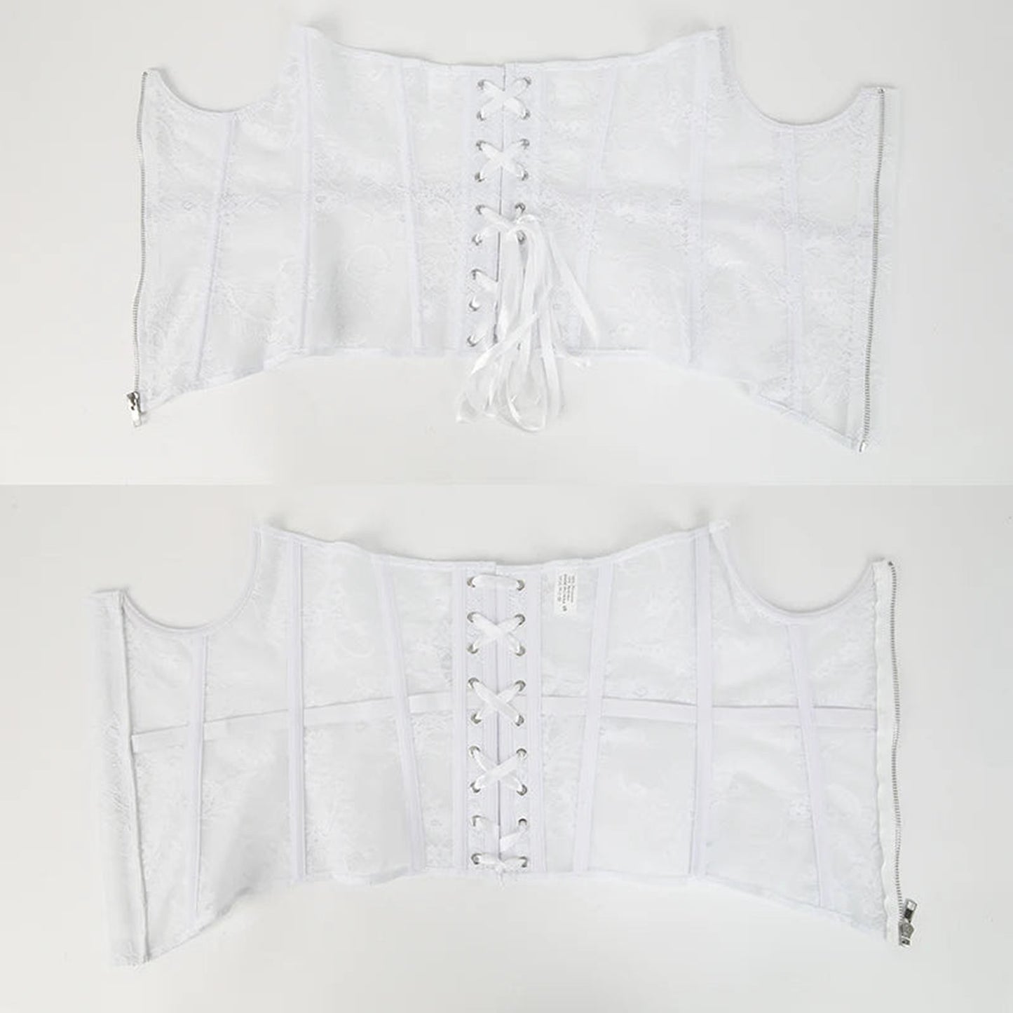 White gothic lace corset belt with lace-up front and adjustable design for a stylish silhouette