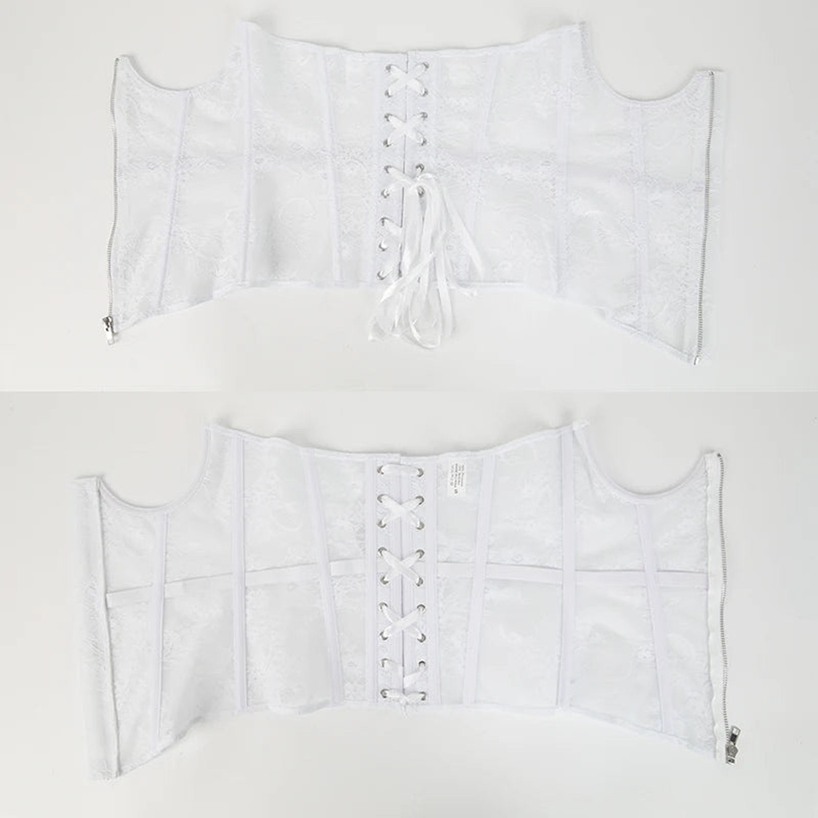 White gothic lace corset belt with lace-up front and adjustable design for a stylish silhouette