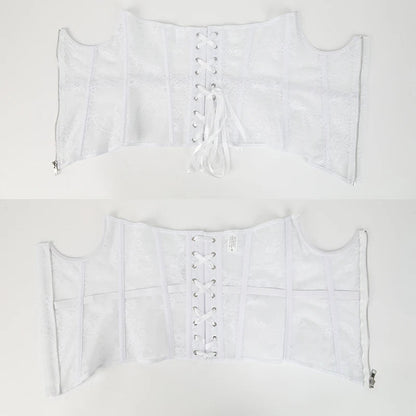 White gothic lace corset belt with lace-up front and adjustable design for a stylish silhouette