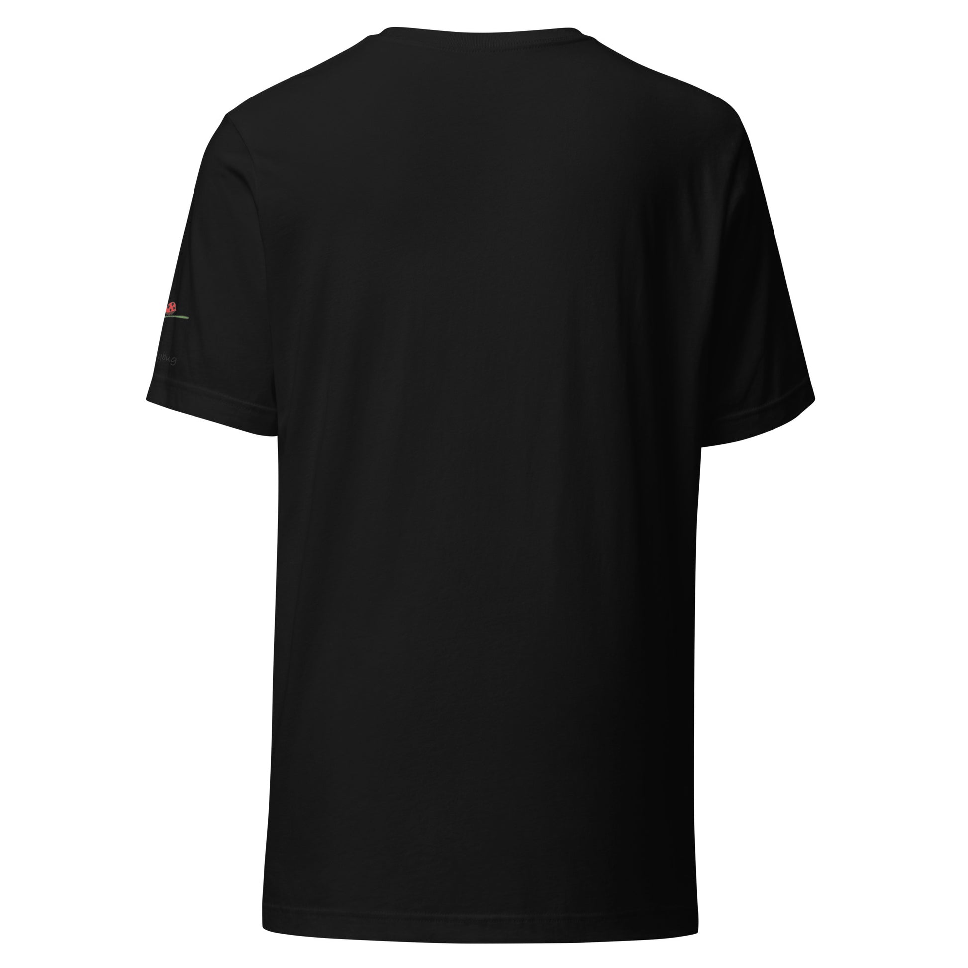 Black LuckeLadybug modern graphic tee for men displayed from the back with short sleeves