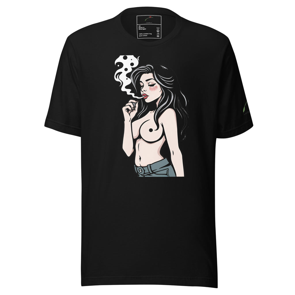 Black LuckeLadybug modern graphic tee for men featuring illustrated woman smoking design