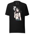 Black LuckeLadybug modern graphic tee for men featuring illustrated woman smoking design