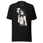 Black LuckeLadybug modern graphic tee for men featuring illustrated woman smoking design