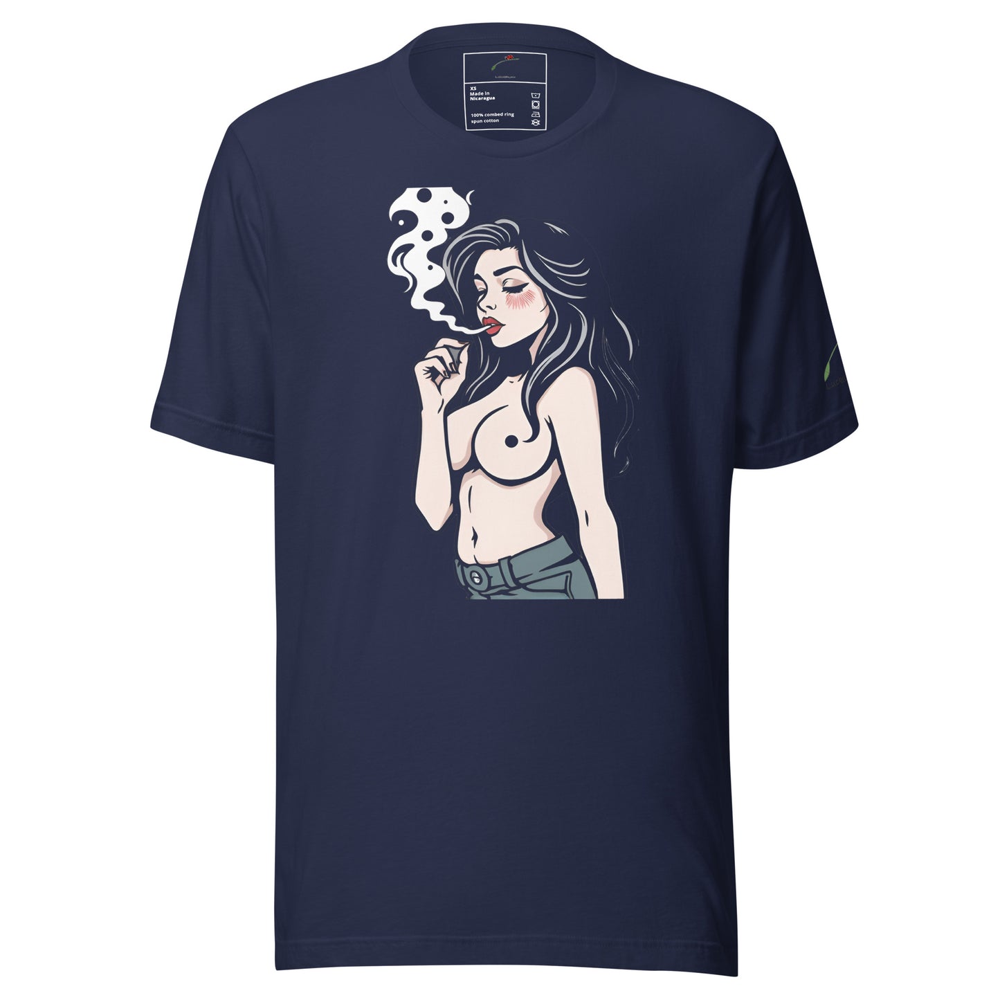 LuckeLadybug modern graphic tee for men with artistic woman smoking design on navy blue shirt