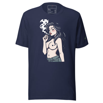 LuckeLadybug modern graphic tee for men with artistic woman smoking design on navy blue shirt
