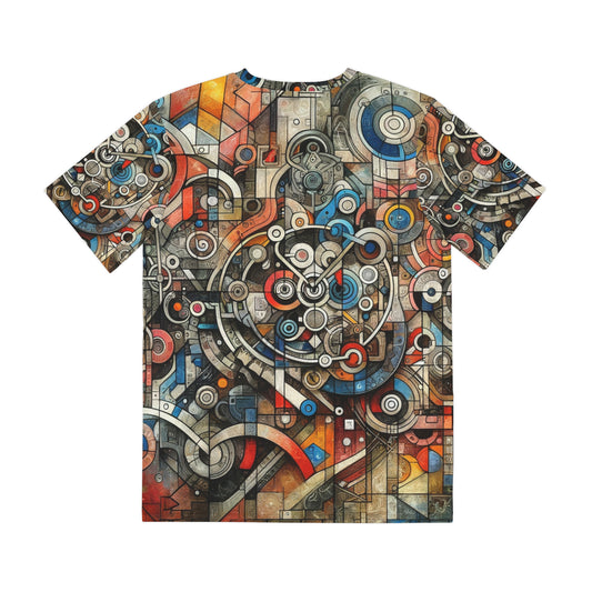 LuckeLadybug modern urban fashion tee with abstract geometric and mechanical pattern in vibrant colors