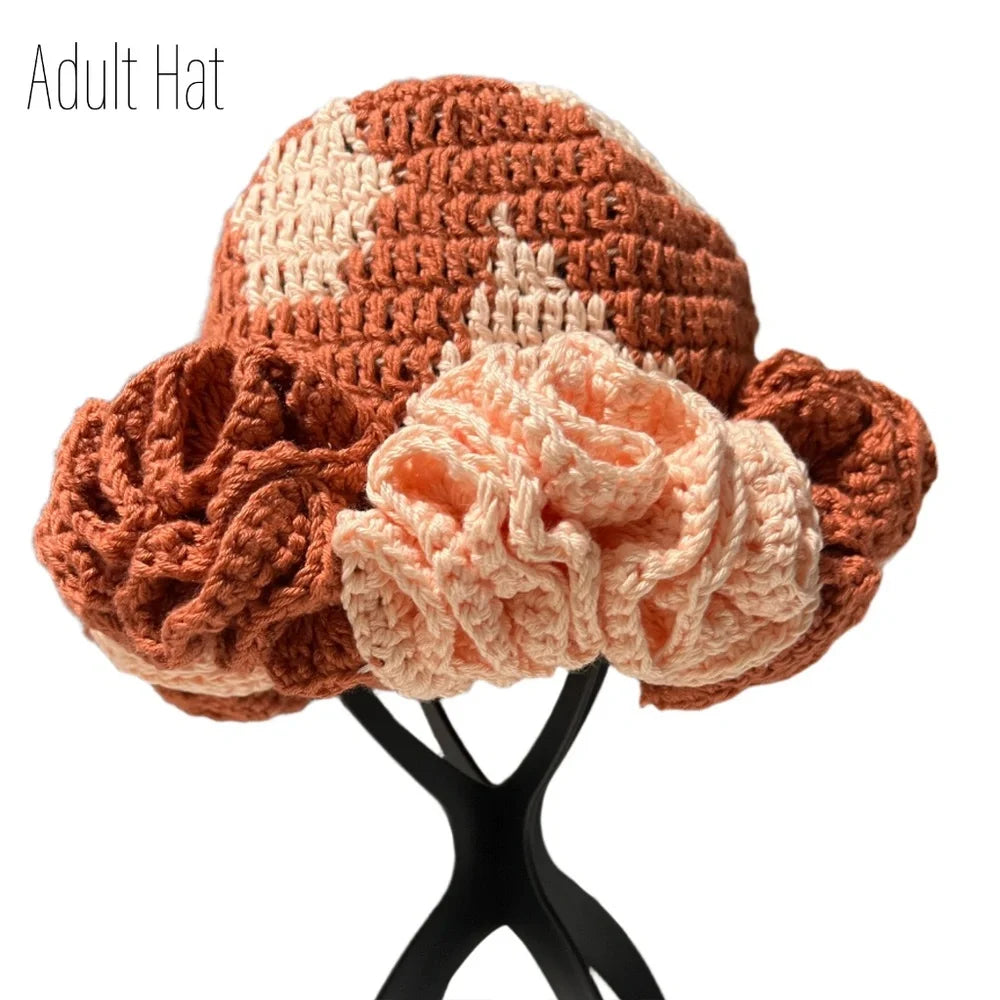 Crochet adult hat with ruffles in warm tones, perfect for mommy and me apparel styles
