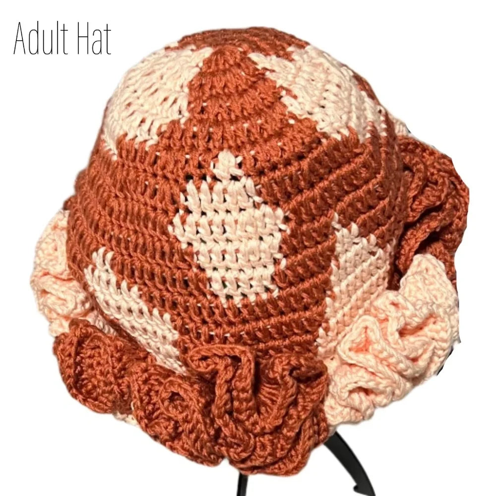 Crochet adult hat with ruffle detail in rust and cream, perfect for mommy and me apparel