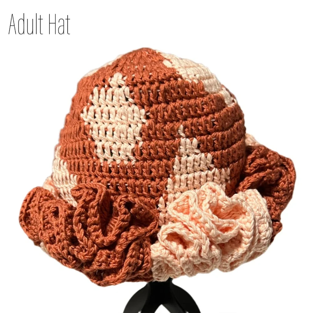 Crochet adult hat with ruffle detail in warm tones for mommy and me apparel