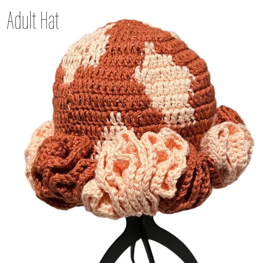 Hand-crocheted adult hat with ruffles, perfect for mommy and me apparel matching styles