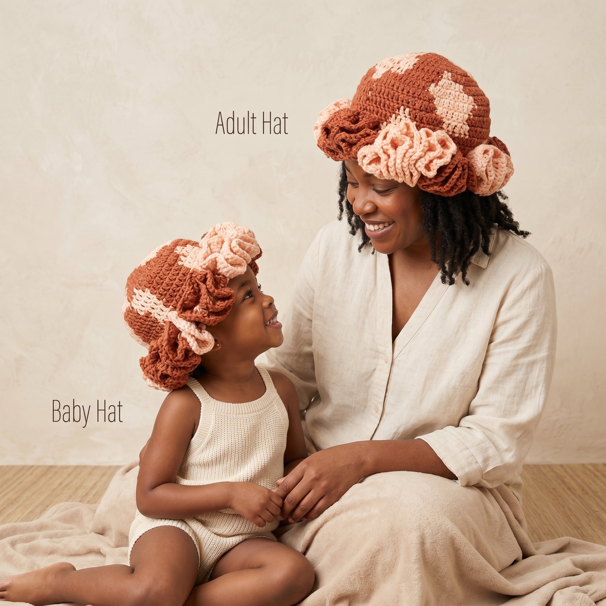 Matching mommy and me apparel featuring adult and baby crochet ruffle hats in earthy tones