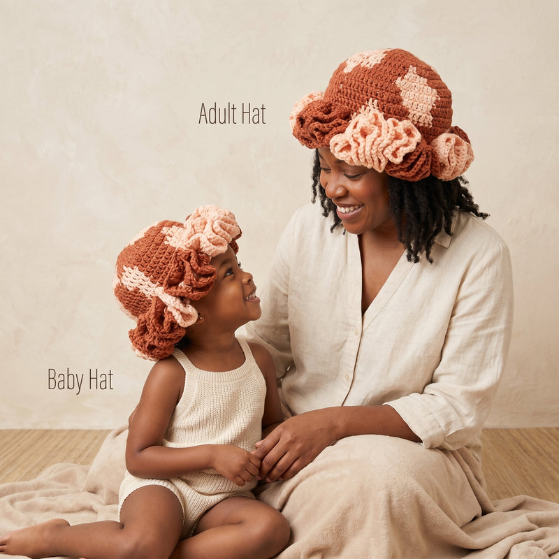 Matching mommy and me apparel featuring adult and baby crochet ruffle hats in earthy tones