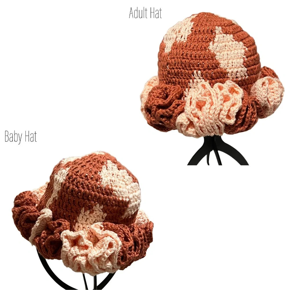 ThreadsByHannah Ruffle Crochet Hats for Mommy and Me Apparel in Terracotta and Cream