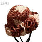 Crocheted baby hat with ruffles in brown and cream, perfect for mommy and me apparel