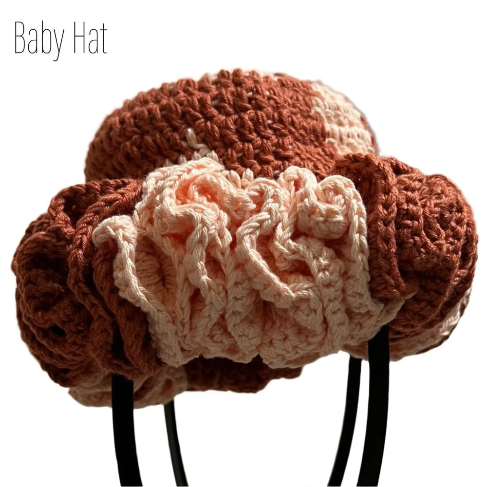 Crochet baby hat with ruffles in warm tones, perfect for mommy and me apparel matching outfits