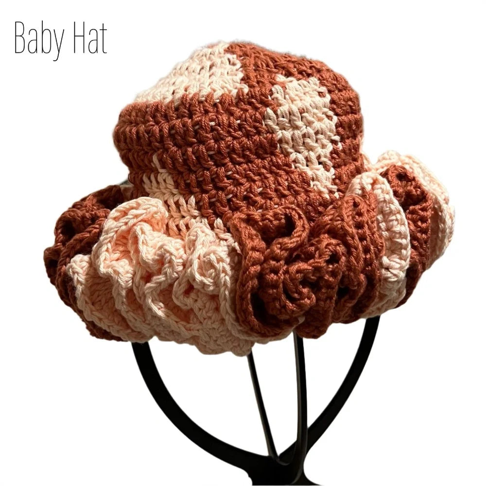 Hand-crocheted ruffle baby hat in earthy tones for stylish mommy and me apparel