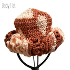 Crochet baby hat with ruffle design in warm colors, perfect for mommy and me apparel