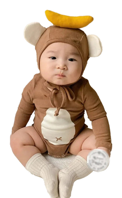 Cute baby wearing a monkey baby onesie cotton with a banana hat and adorable ear details