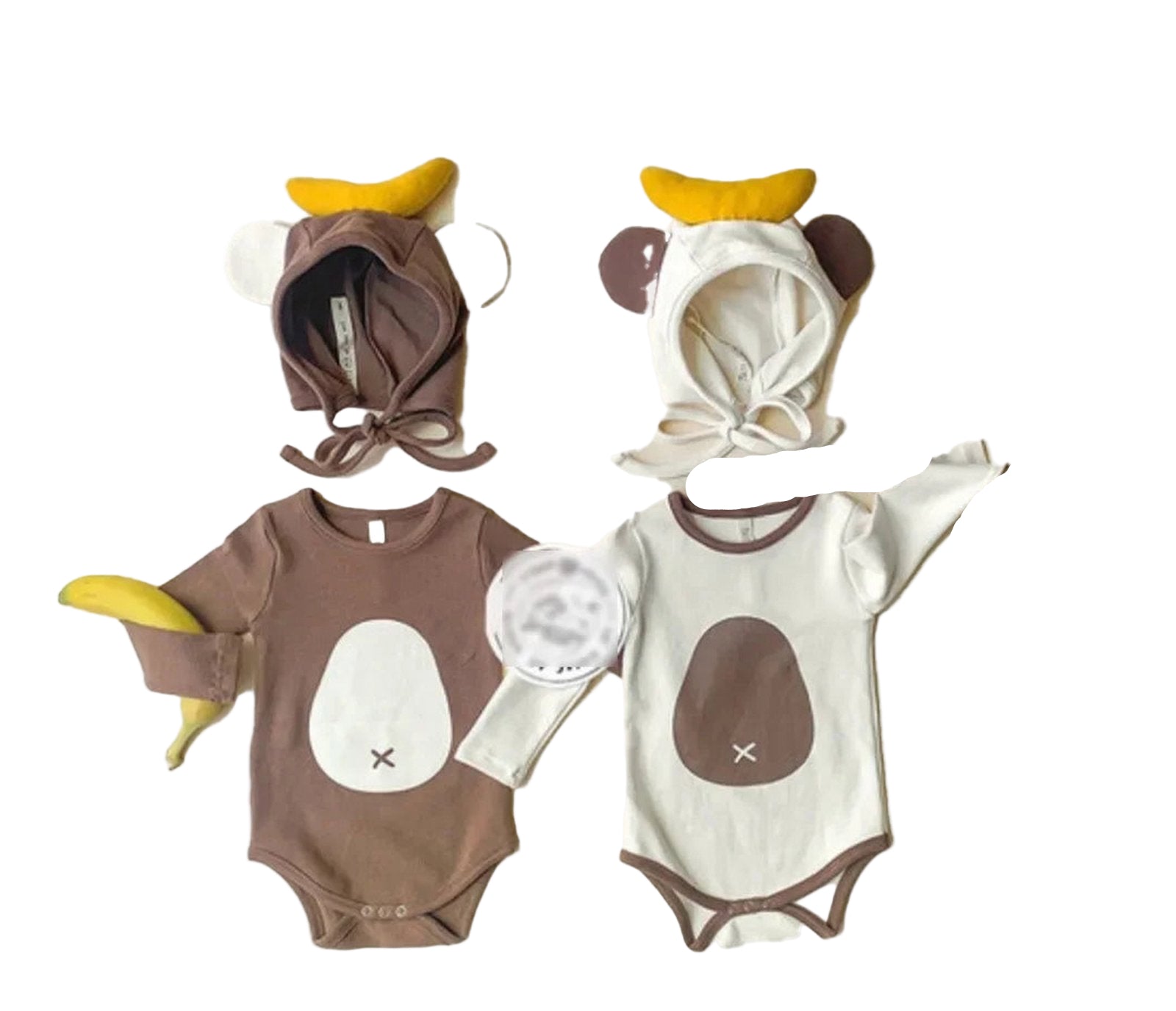 Cute monkey baby onesie cotton set with banana accents and coordinating hood for playful infants