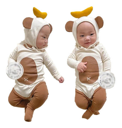 Adorable monkey baby onesie cotton with hood and cute ear details for infants by LuckeLadybug LLC