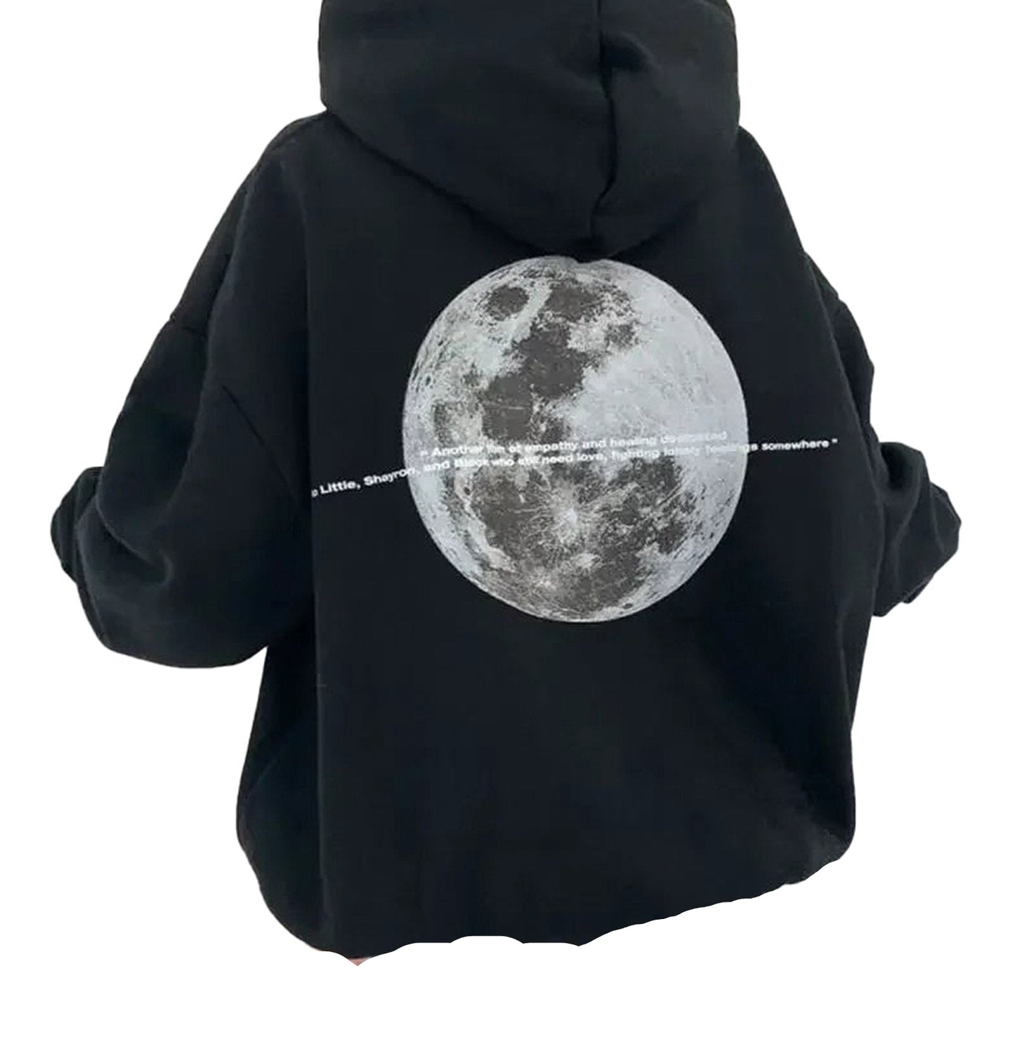 Black moon print hoodie for women featuring a large moon graphic on the back for a stylish look
