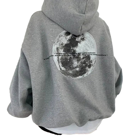 Gray moon print hoodie for women featuring a large moon graphic on the back
