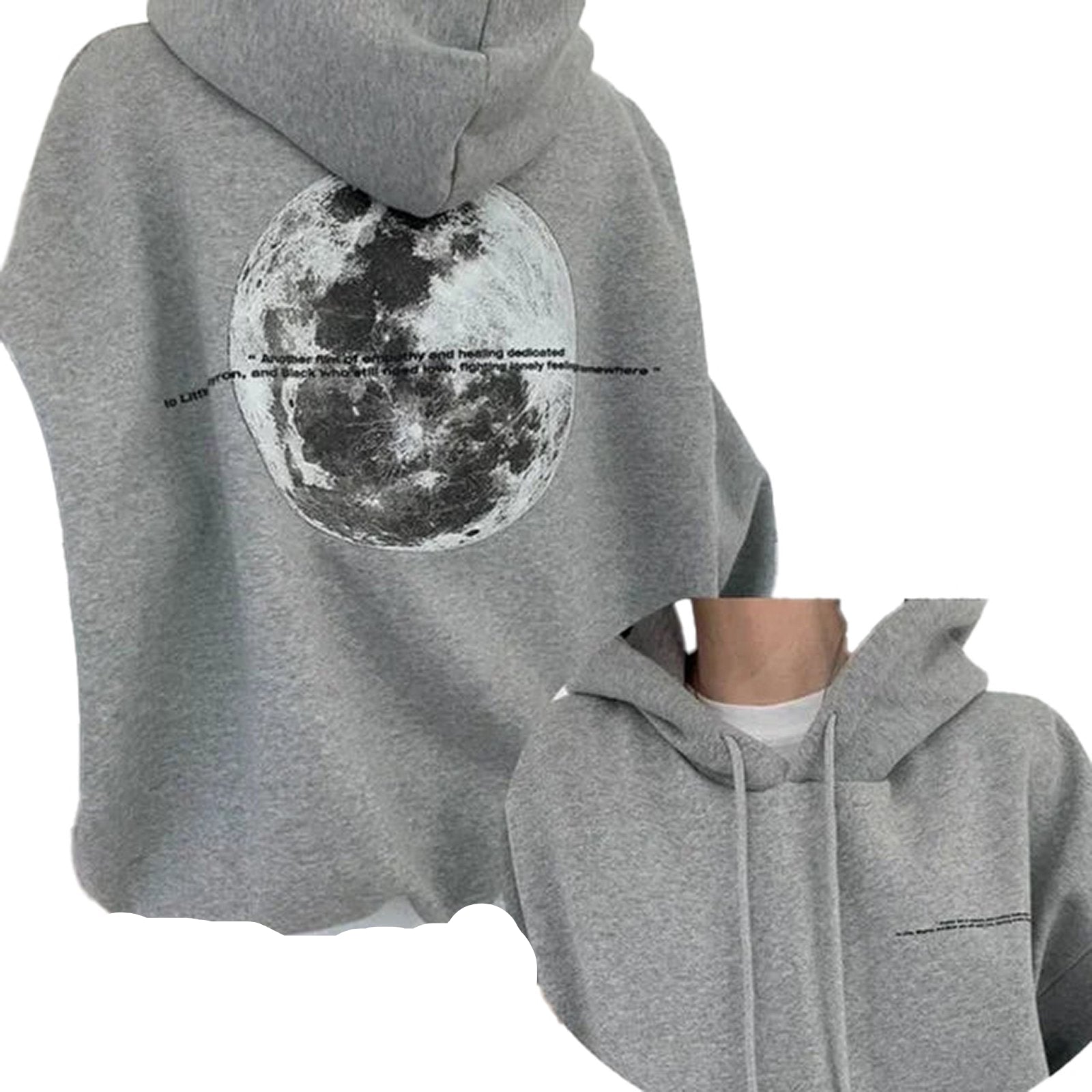 Gray moon print hoodie for women featuring a large moon graphic on the back