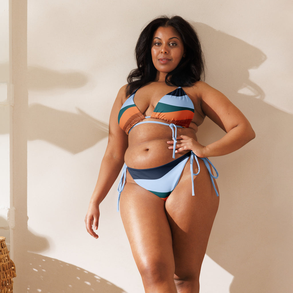 LuckeLadybug multi color bikini for women with adjustable tie straps worn by model