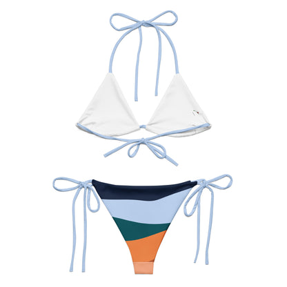 LuckeLadybug multi color bikini for women with white triangle top and striped bottom with side ties