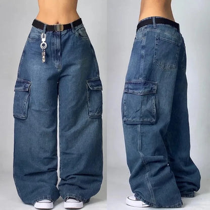 LuckeLadybug multi pocket baggy jeans with a wide-leg fit and cargo-style pockets