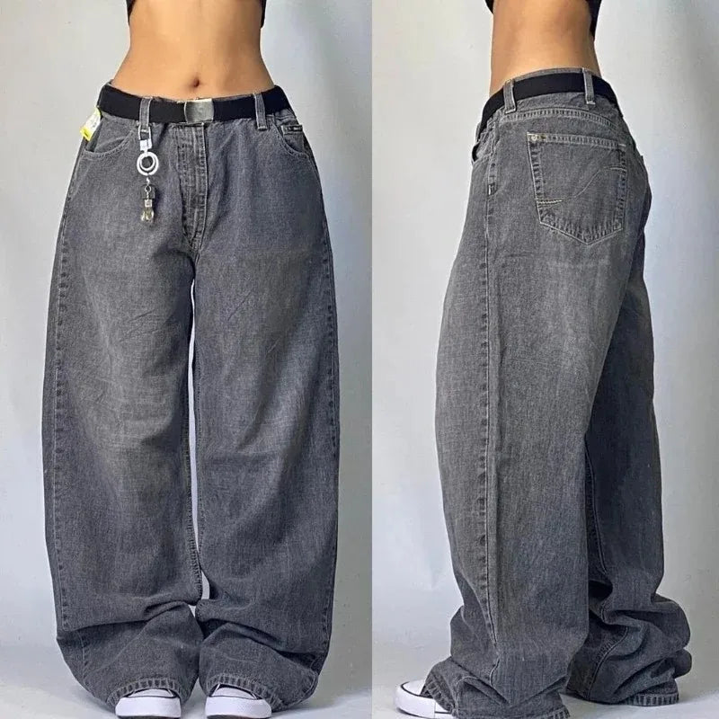 LuckeLadybug LLC multi pocket baggy jeans in gray with a relaxed fit and wide legs