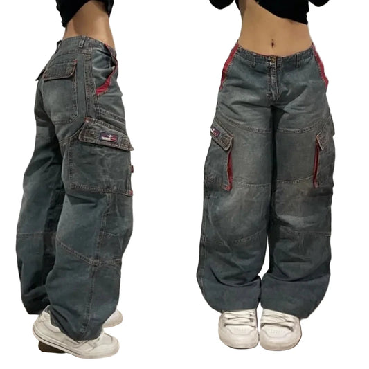 LuckeLadybug LLC multi pocket baggy jeans in faded denim with a relaxed fit and stylish design