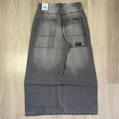 LuckeLadybug LLC multi pocket baggy jeans with a faded grey design and multiple utility pockets