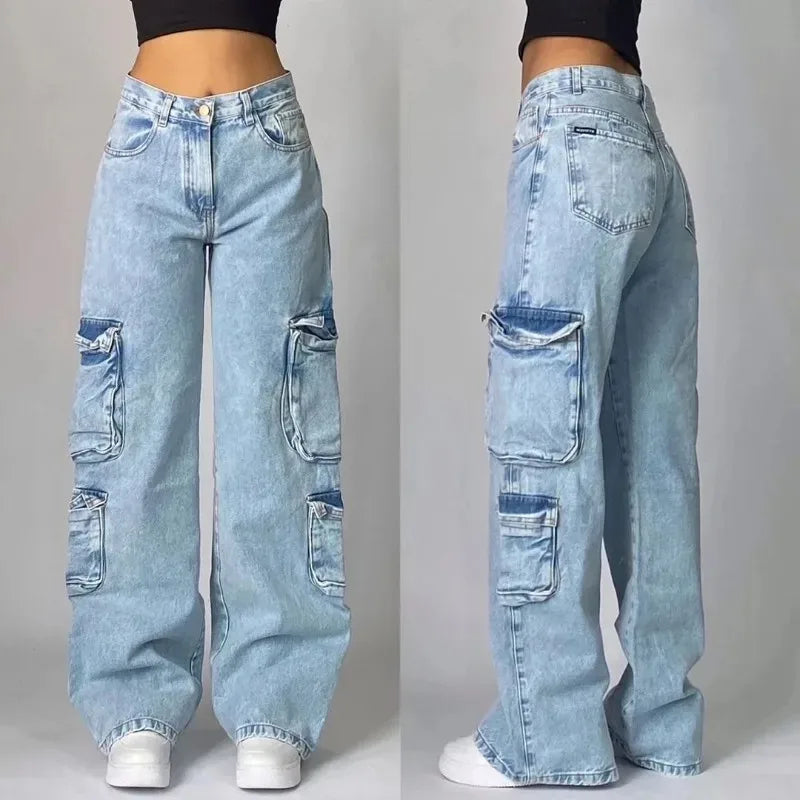 Light blue multi pocket baggy jeans with a loose fit and stylish side pockets
