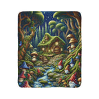 LuckeLadybug sherpa mushroom cabin blanket for couch with cozy woodland gnome and mushroom house design