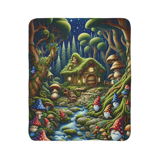 LuckeLadybug sherpa mushroom cabin blanket for couch with cozy woodland gnome and mushroom house design
