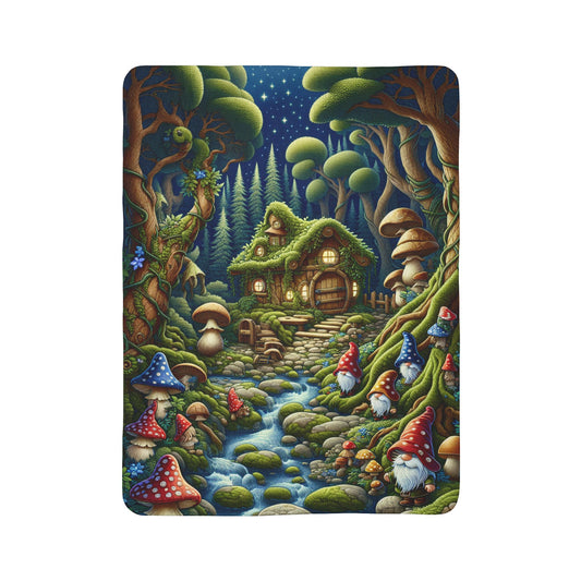 LuckeLadybug mushroom cabin blanket for couch with whimsical gnomes and forest cottage design