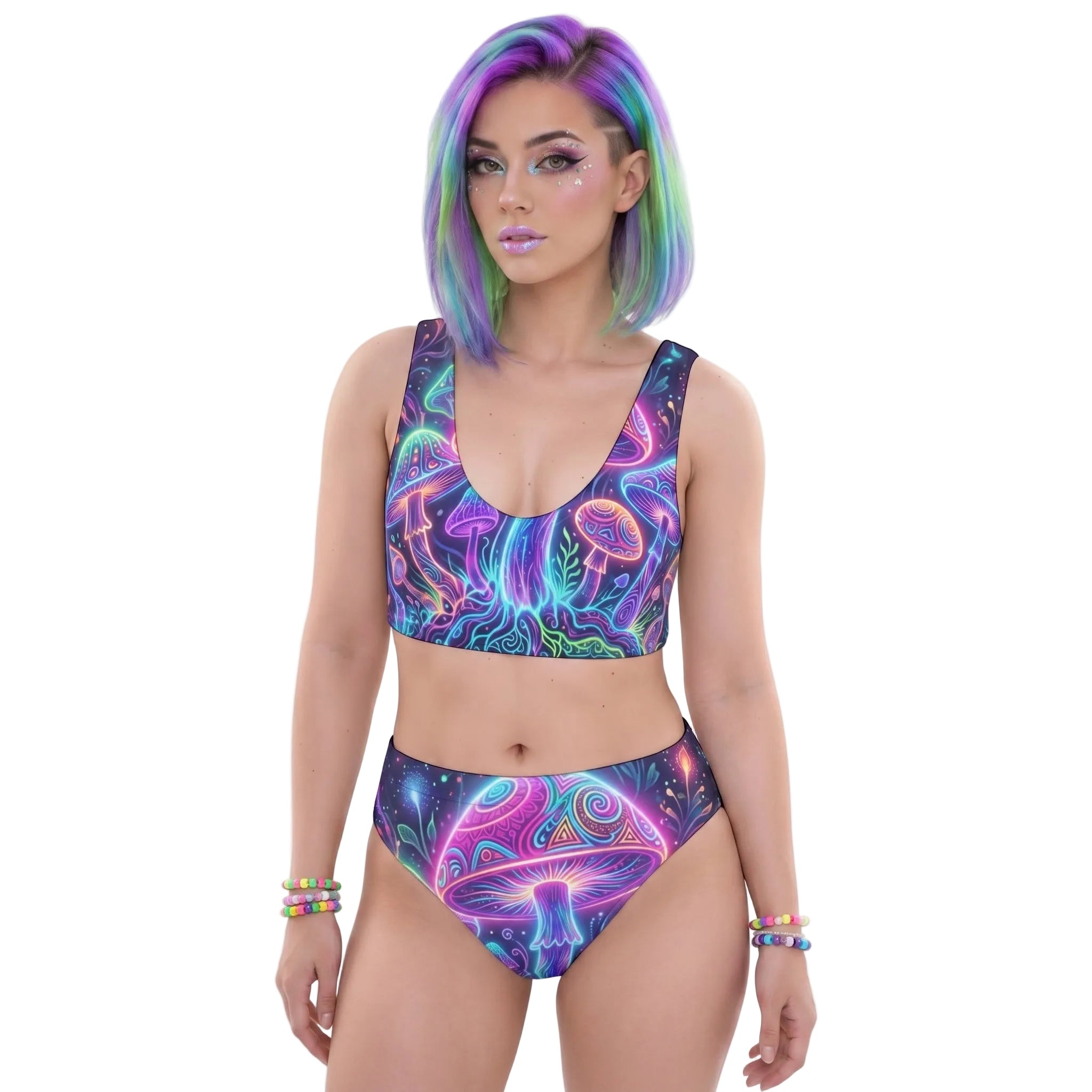 LuckeLadybug bikini featuring mushroom psychedelic design in vibrant colors for a bold summer look